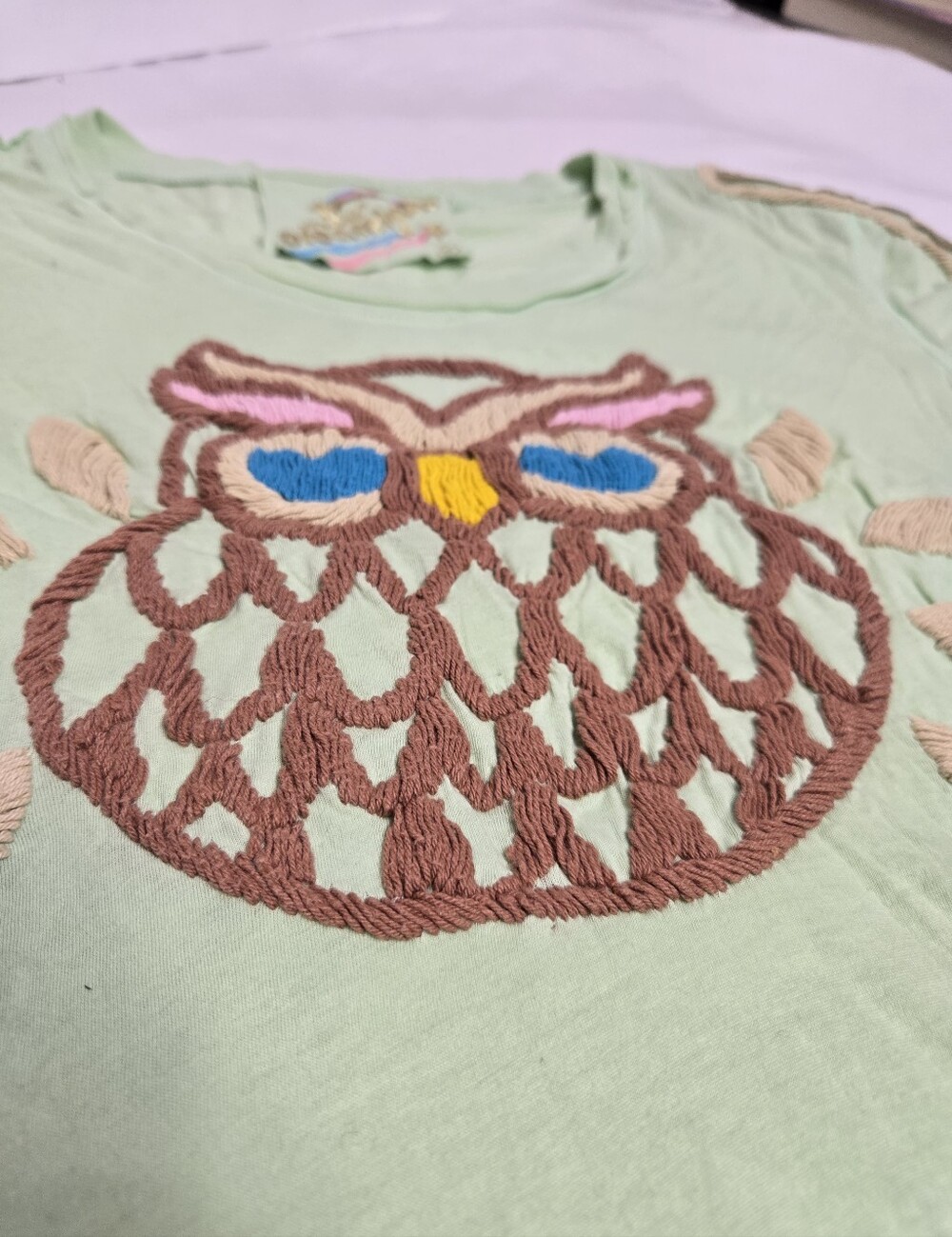 Y2K Joystick Johnny Was mint embroidered owl Who Loves You tee shirt M - Picture 3 of 10